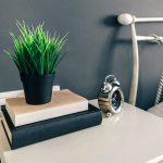 Bedside table with books and plant